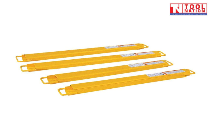 Four yellow forklift fork extensions shown side by side with open loop ends, warning labels and Tool Nation logo.