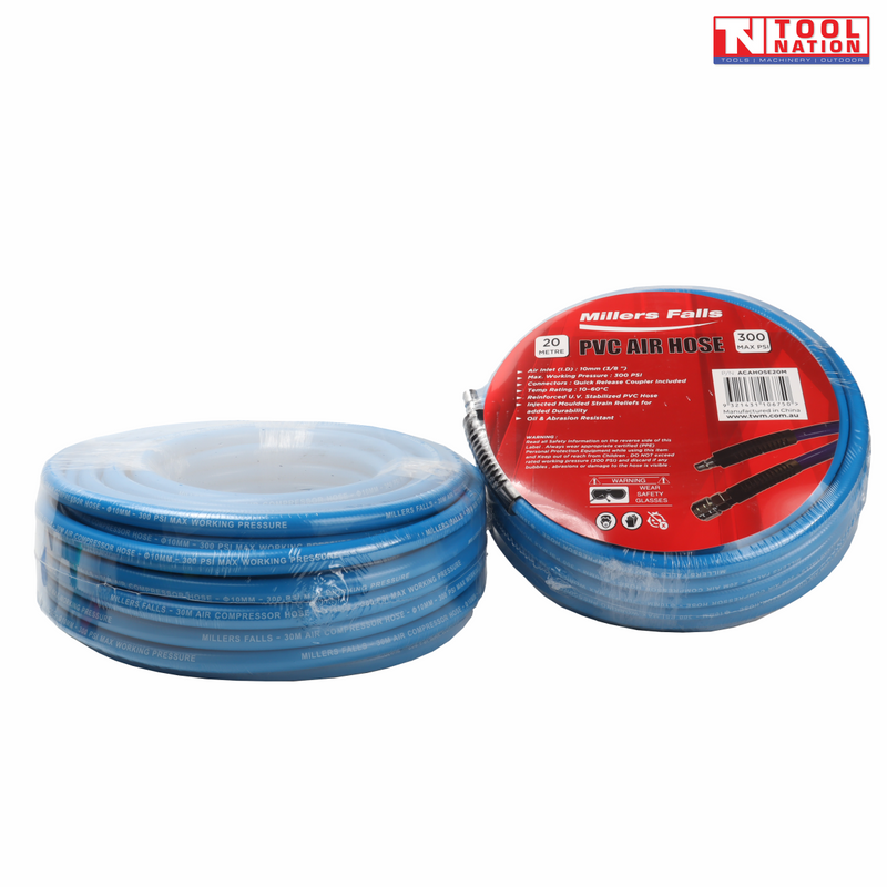 Coiled blue 20 metre PVC air hose with product label and quick release fittings, wrapped in clear plastic.