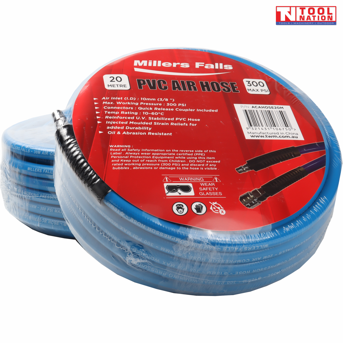 Close-up of the coiled blue PVC air hose with Millers Falls product label and quick release fitting visible.