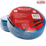 Close-up of the coiled blue PVC air hose with Millers Falls product label and quick release fitting visible.