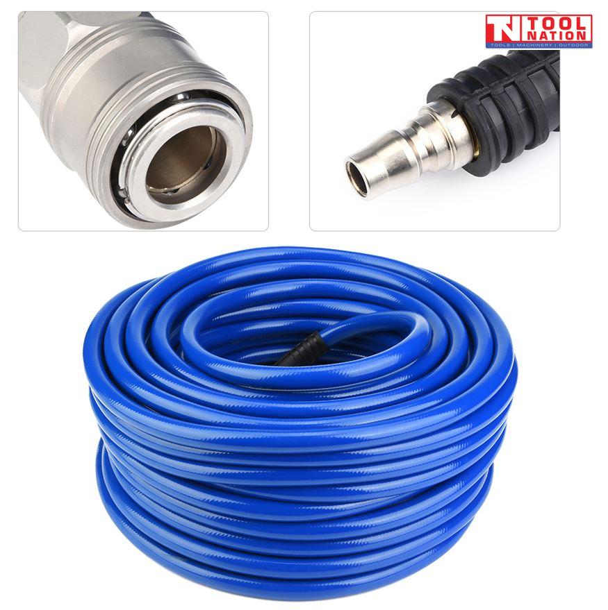 Coiled blue air hose with inset close-ups of the female quick release coupler and male air fitting.