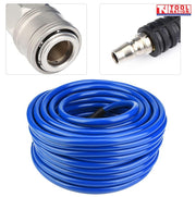 Coiled blue air hose with inset close-ups of the female quick release coupler and male air fitting.
