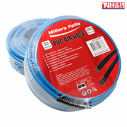 Coiled blue 30 metre PVC air hose with product label and quick release fittings, wrapped in clear plastic.