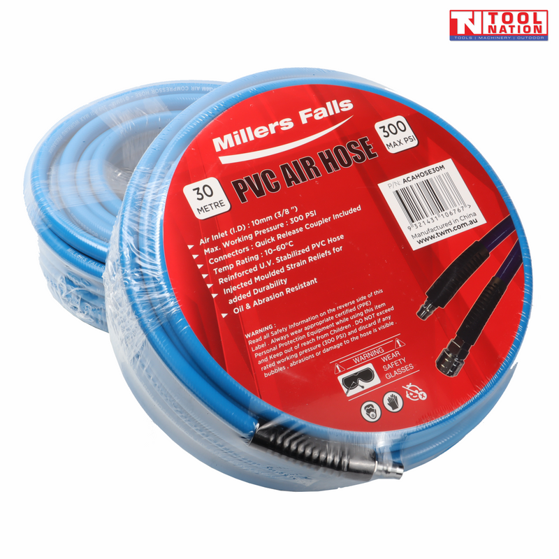 Coiled blue 30 metre PVC air hose with product label and quick release fittings, wrapped in clear plastic.