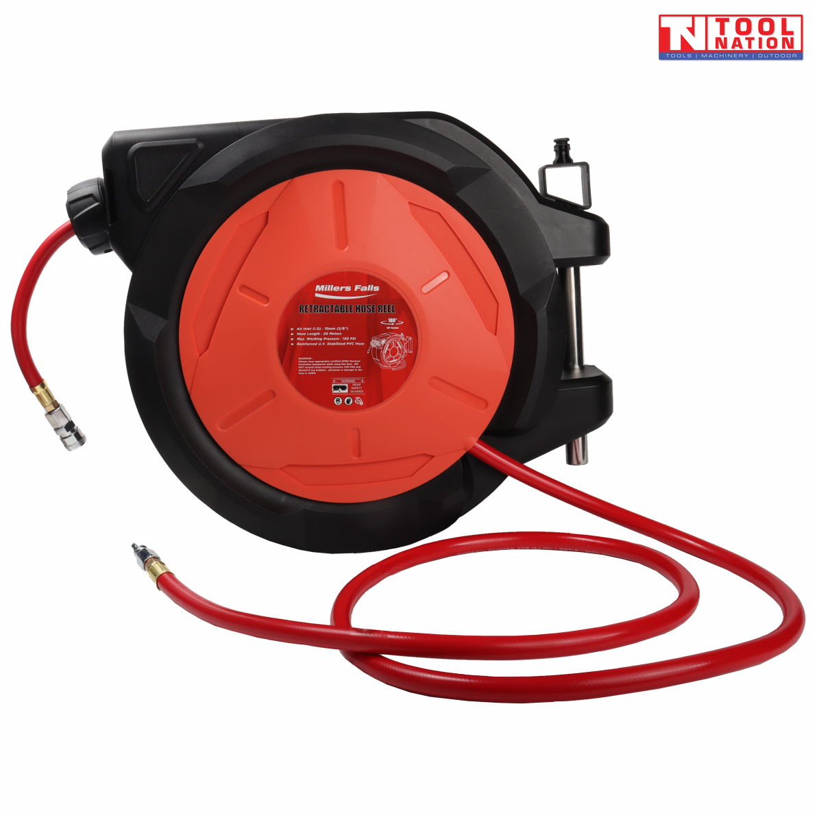 Retractable air hose reel with black and red housing and red hose extended in loops from the reel.