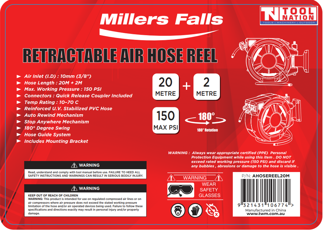 Red specification label for the retractable air hose reel showing hose length, pressure rating and product features.