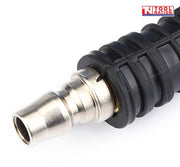 Close-up of the metal male air fitting attached to a black strain relief.