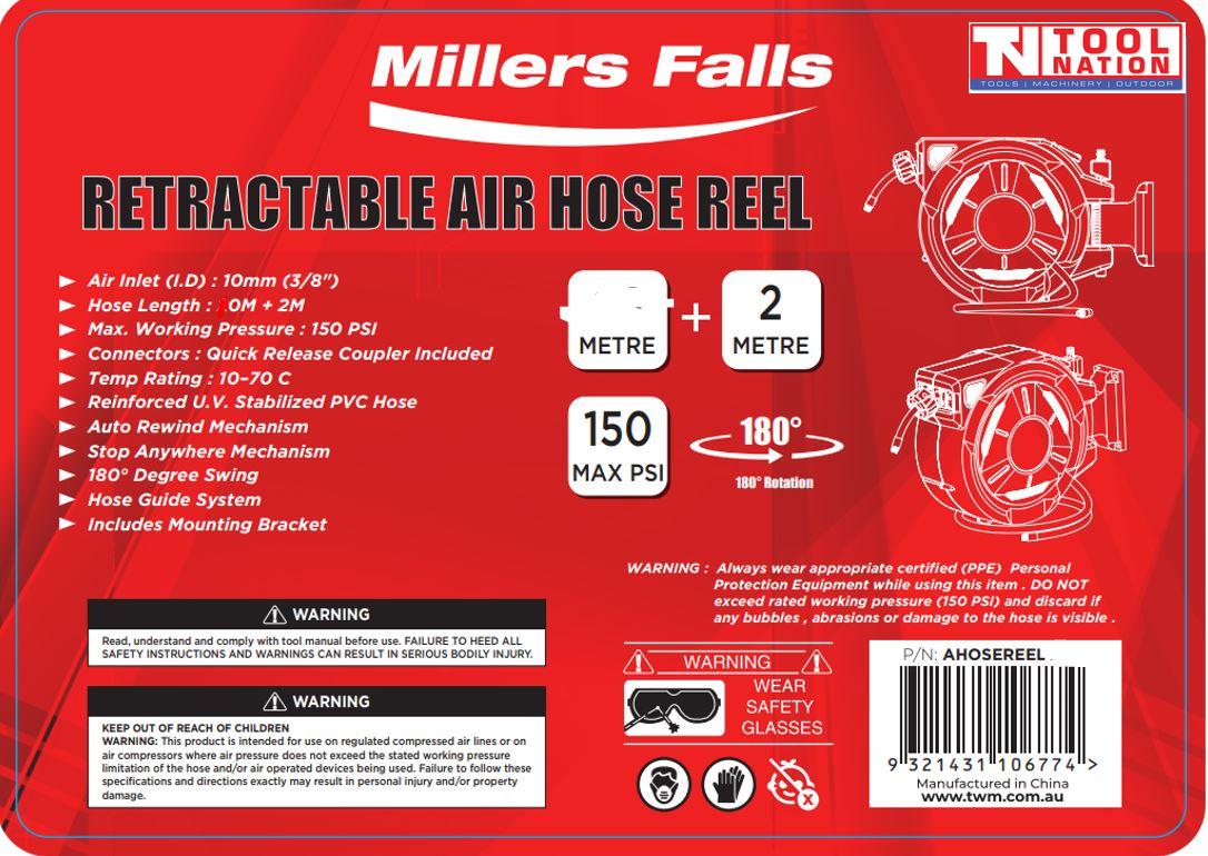 Red specification label for the retractable air hose reel showing hose length, pressure rating and product features.