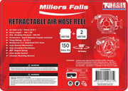 Red specification label for the retractable air hose reel showing hose length, pressure rating and product features.