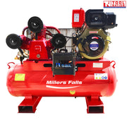 Side view of the ACB10150DES air compressor showing the red 150 litre tank, three-cylinder pump, diesel engine, handle and wheels.