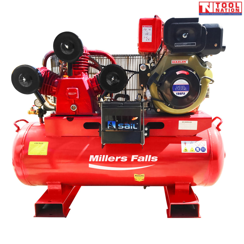 Side view of the ACB10150DES air compressor showing the red 150 litre tank, three-cylinder pump, diesel engine, handle and wheels.