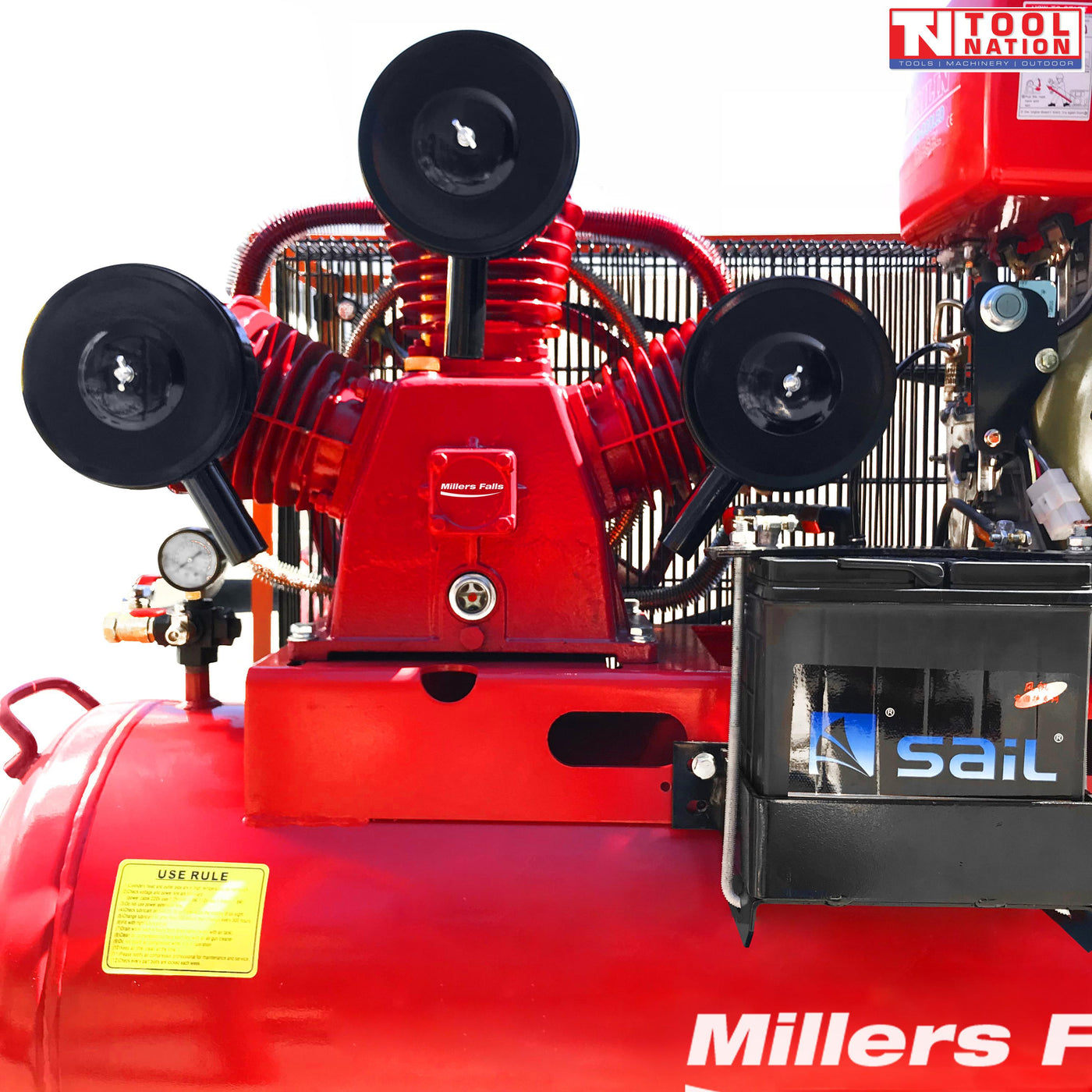 Front angled view of the ACB10150DES air compressor showing the red 150 litre tank, three-cylinder pump, diesel engine, handle and wheels.