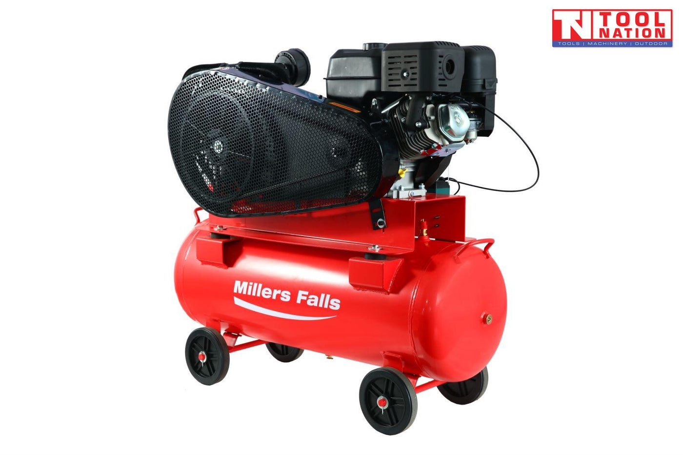 Belt drive air compressor with 150L tank rear angled view