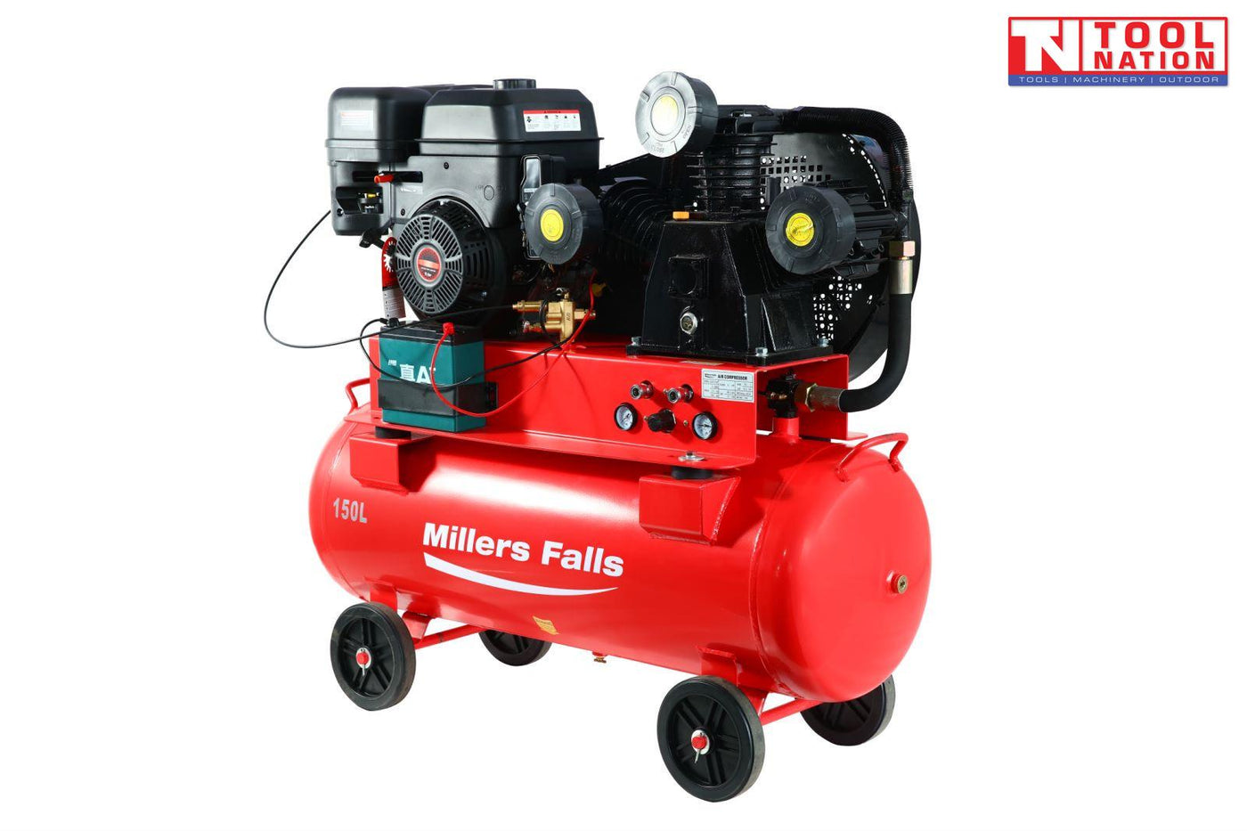 Belt drive air compressor with 150L tank front angled view