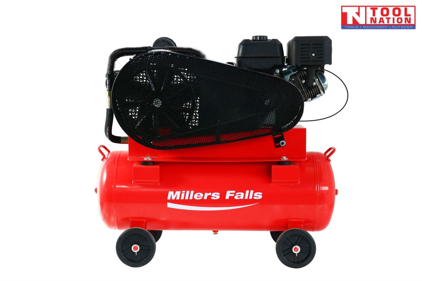 Belt drive air compressor with 150L tank side view