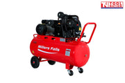Front angled view of the ACB30100-3 air compressor showing the red 100 litre tank, three-cylinder pump, motor, handle and wheels.