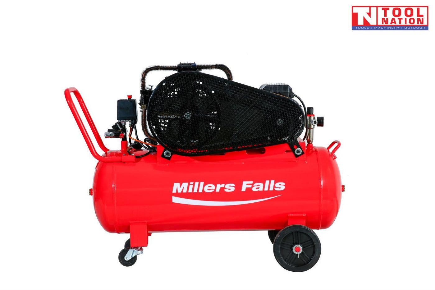 Opposite side view of the ACB30100-3 air compressor showing the red 100 litre tank, full belt guard, handle and wheels.