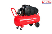 Rear angled view of the ACB30100-3 air compressor showing the red 100 litre tank, full belt guard, handle and wheels.