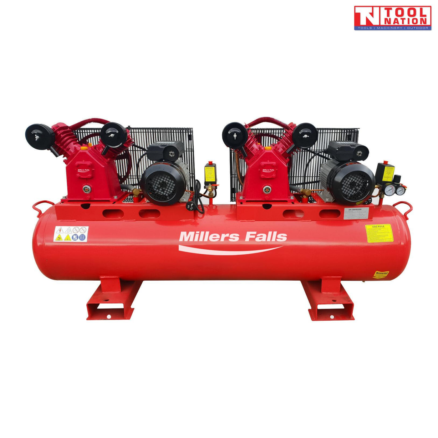 Side view of the ACB30150E-TW air compressor showing the red 150 litre tank, twin motors, twin pumps and belt guards.