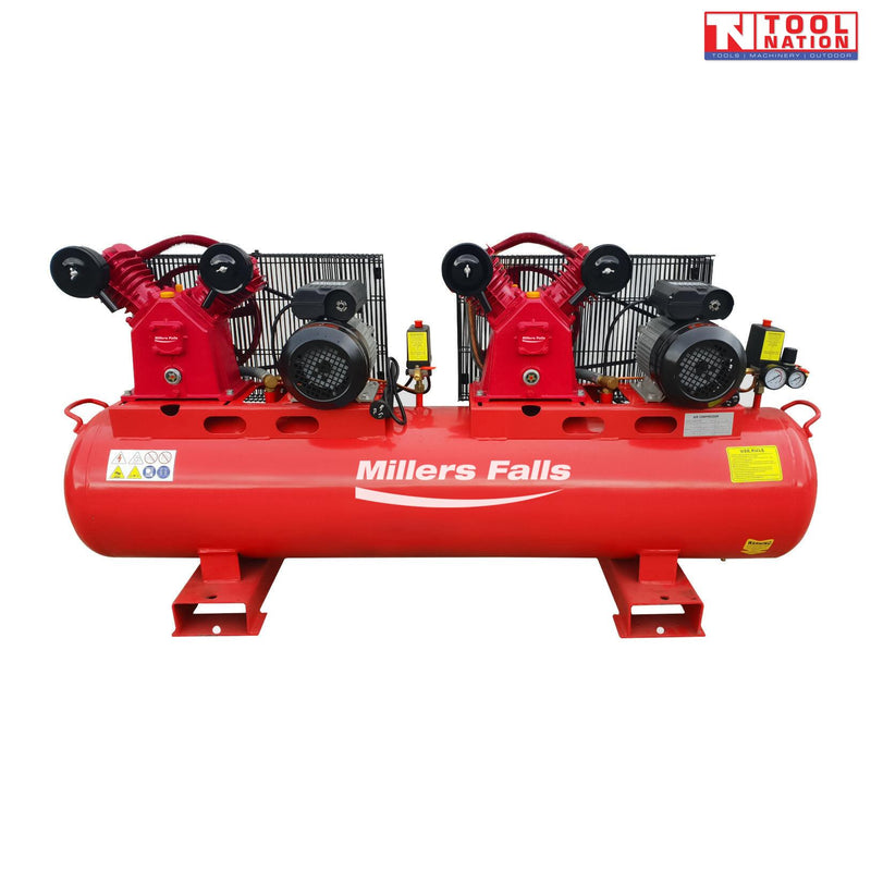Side view of the ACB30150E-TW air compressor showing the red 150 litre tank, twin motors, twin pumps and belt guards.