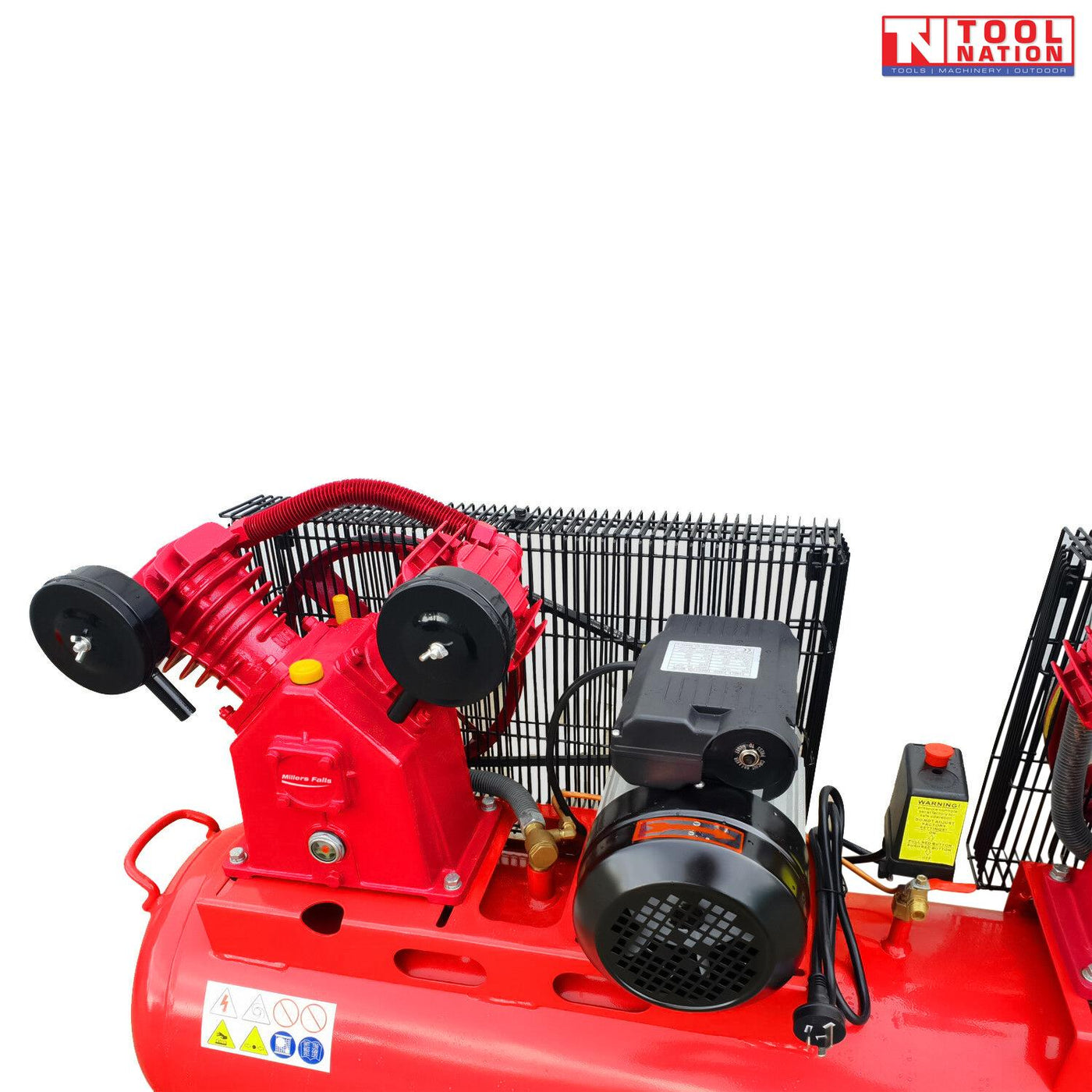 Front angled view of the ACB30150E-TW air compressor showing the red 150 litre tank, twin motors, twin pumps and belt guards.
