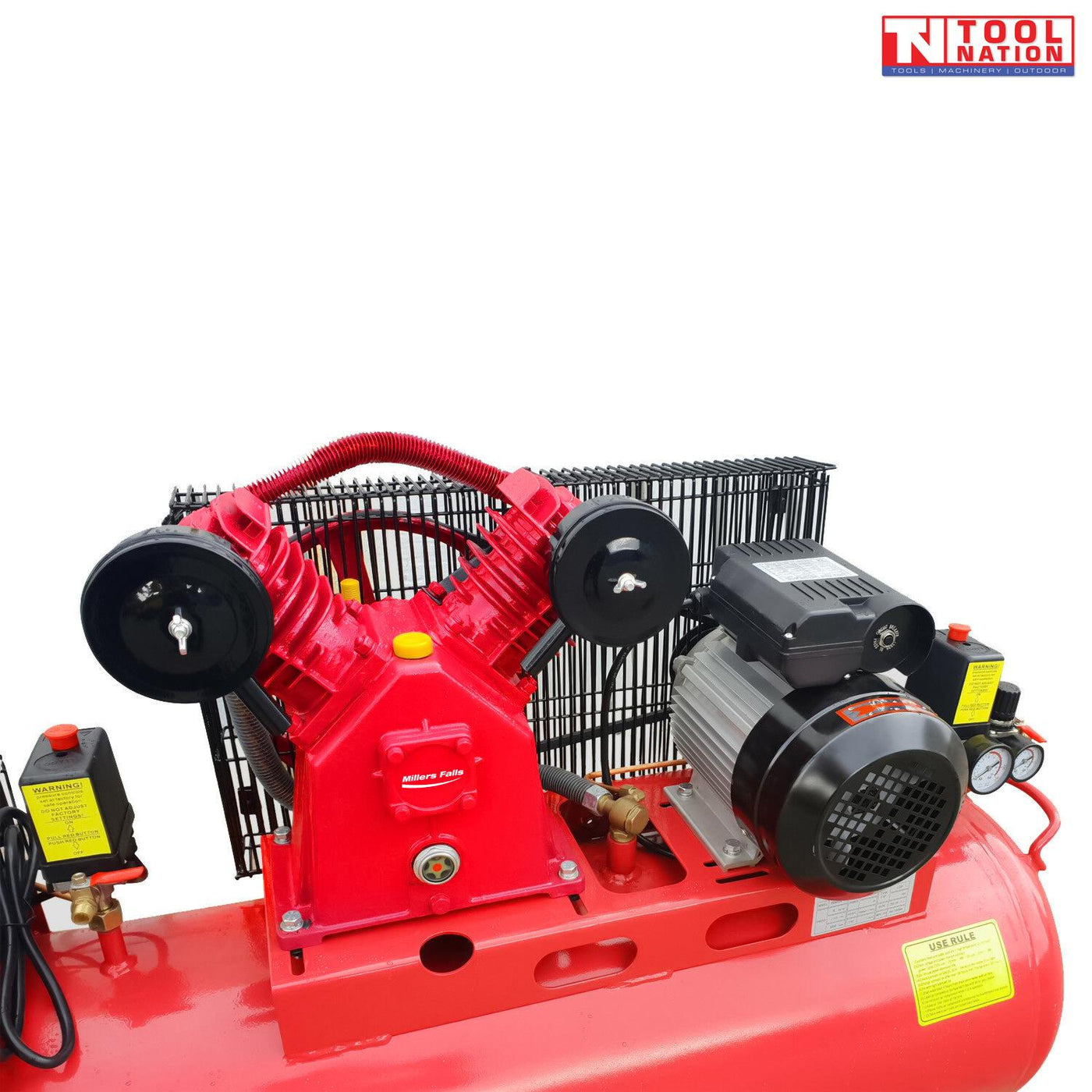 Opposite side view of the ACB30150E-TW air compressor showing the red 150 litre tank, twin motors, twin pumps and belt guards.