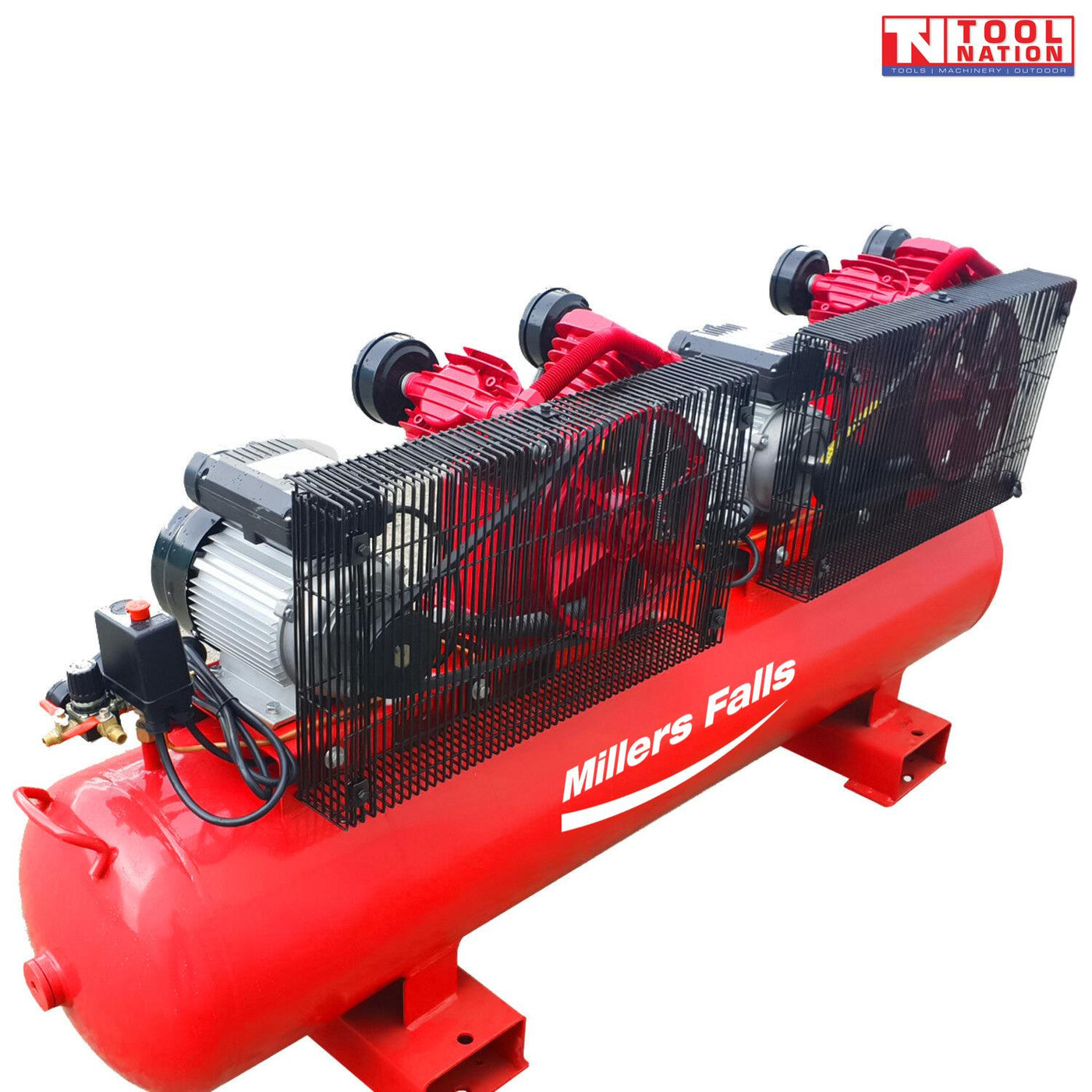 Rear angled view of the ACB30150E-TW air compressor showing the red 150 litre tank, twin motors, twin pumps and belt guards.