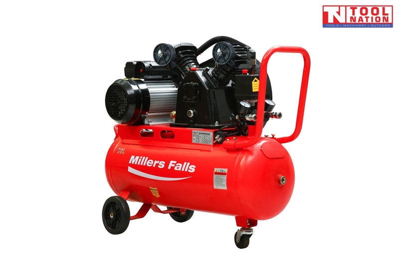 Side view of the ACB3050-2 air compressor showing the red 50 litre tank, twin-cylinder pump, motor, handle and wheels.