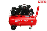 Front angled view of the ACB3050-2 air compressor showing the red 50 litre tank, twin-cylinder pump, motor, handle and wheels.