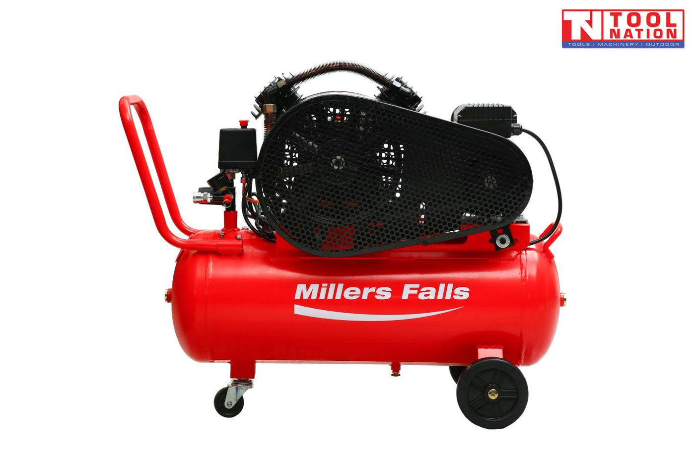Opposite side view of the ACB3050-2 air compressor showing the red 50 litre tank, full belt guard, handle and wheels.