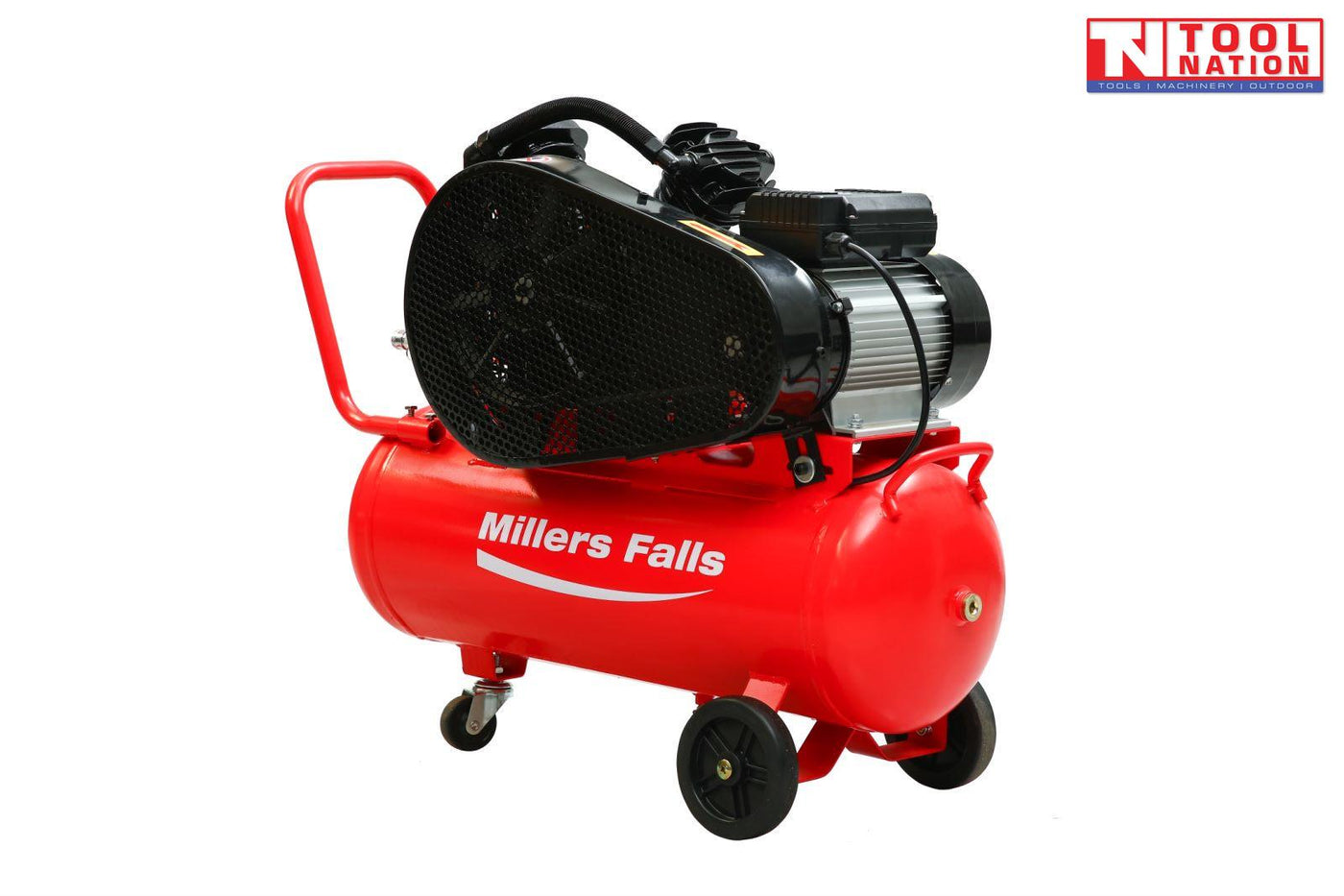 Rear angled view of the ACB3050-2 air compressor showing the red 50 litre tank, full belt guard, handle and wheels.