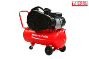 Rear angled view of the ACB3050-2 air compressor showing the red 50 litre tank, full belt guard, handle and wheels.