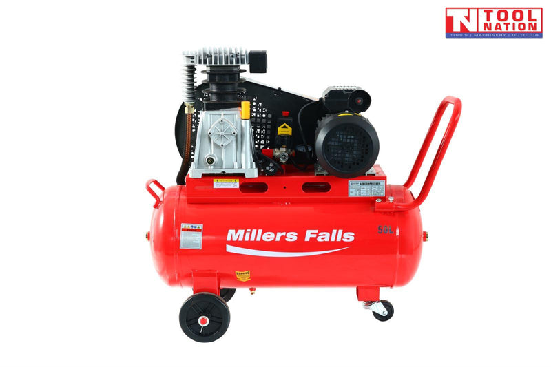Side view of the ACB3050A air compressor showing the red 50 litre tank, alloy twin-cylinder pump, motor, handle and wheels.