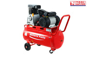 Front angled view of the ACB3050A air compressor showing the red 50 litre tank, alloy twin-cylinder pump, motor, handle and wheels.