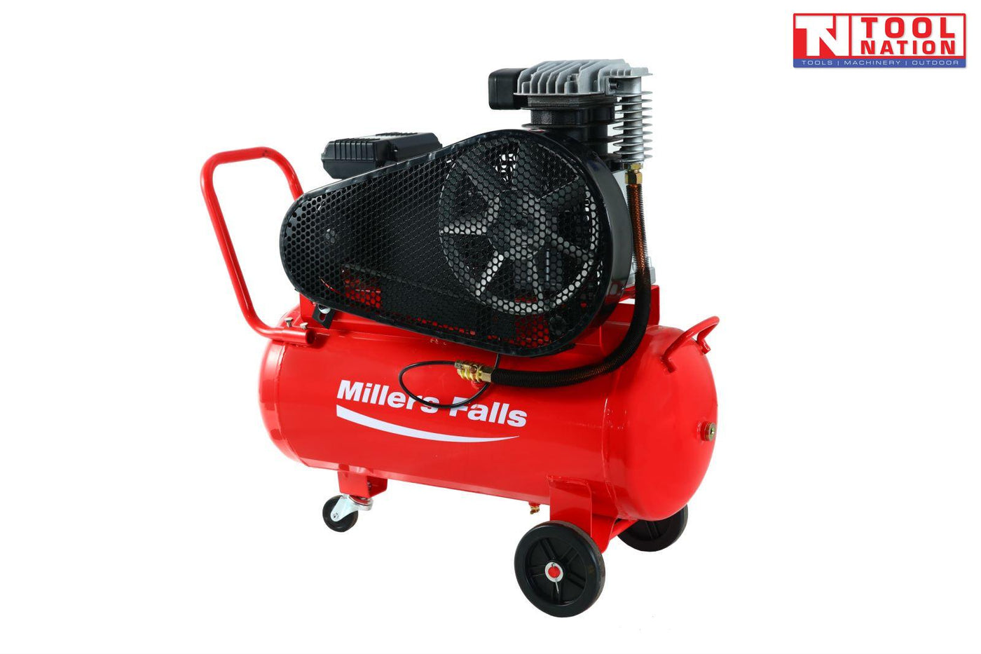 Opposite side view of the ACB3050A air compressor showing the red 50 litre tank, full belt guard, handle and wheels.