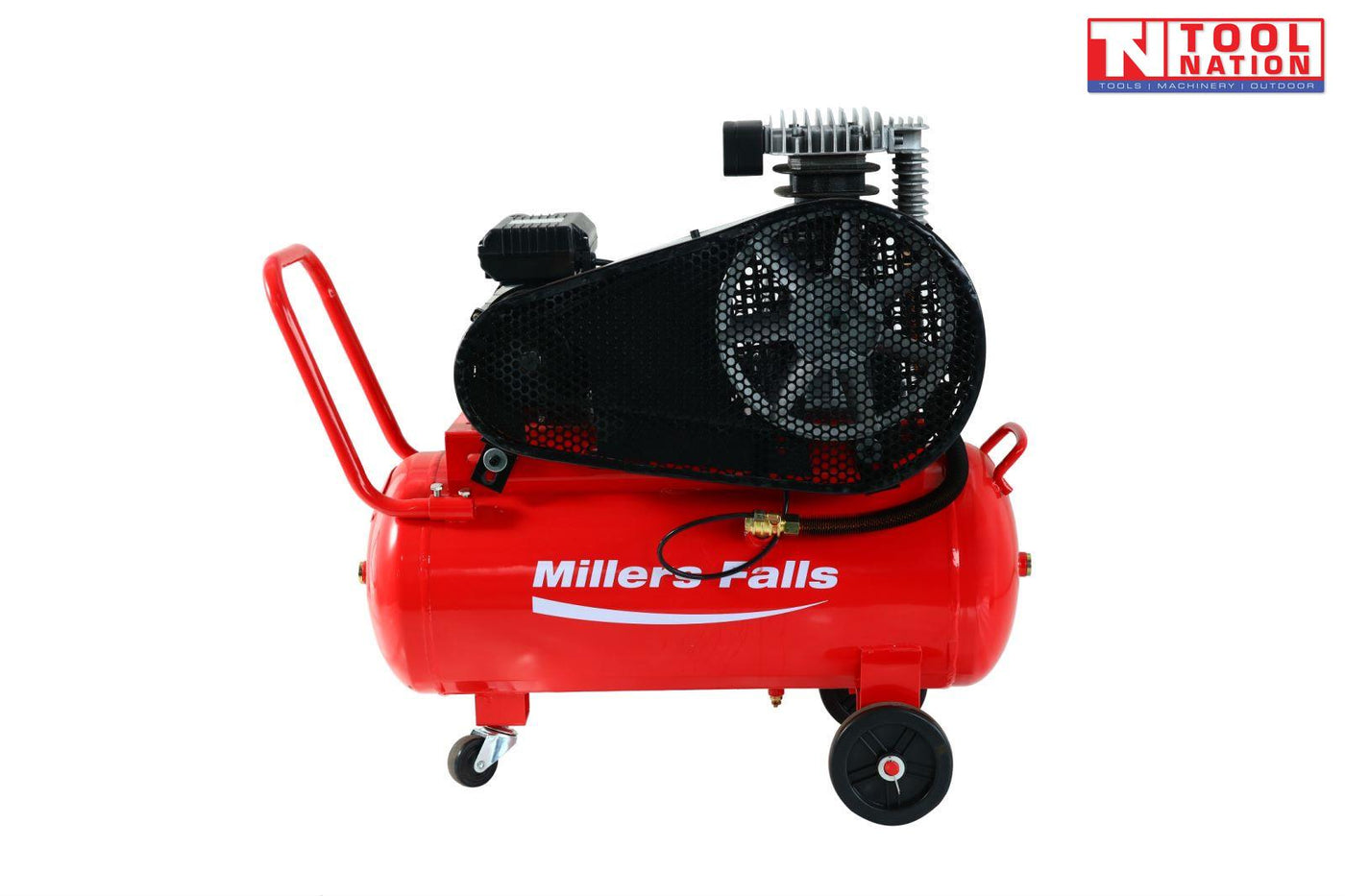 Rear angled view of the ACB3050A air compressor showing the red 50 litre tank, full belt guard, handle and wheels.