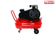 Rear angled view of the ACB3050A air compressor showing the red 50 litre tank, full belt guard, handle and wheels.