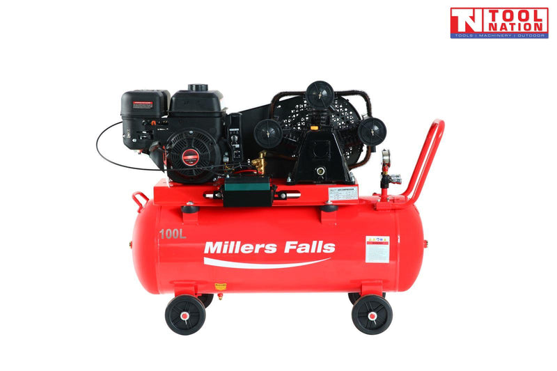 Belt drive petrol air compressor with 100L tank front view