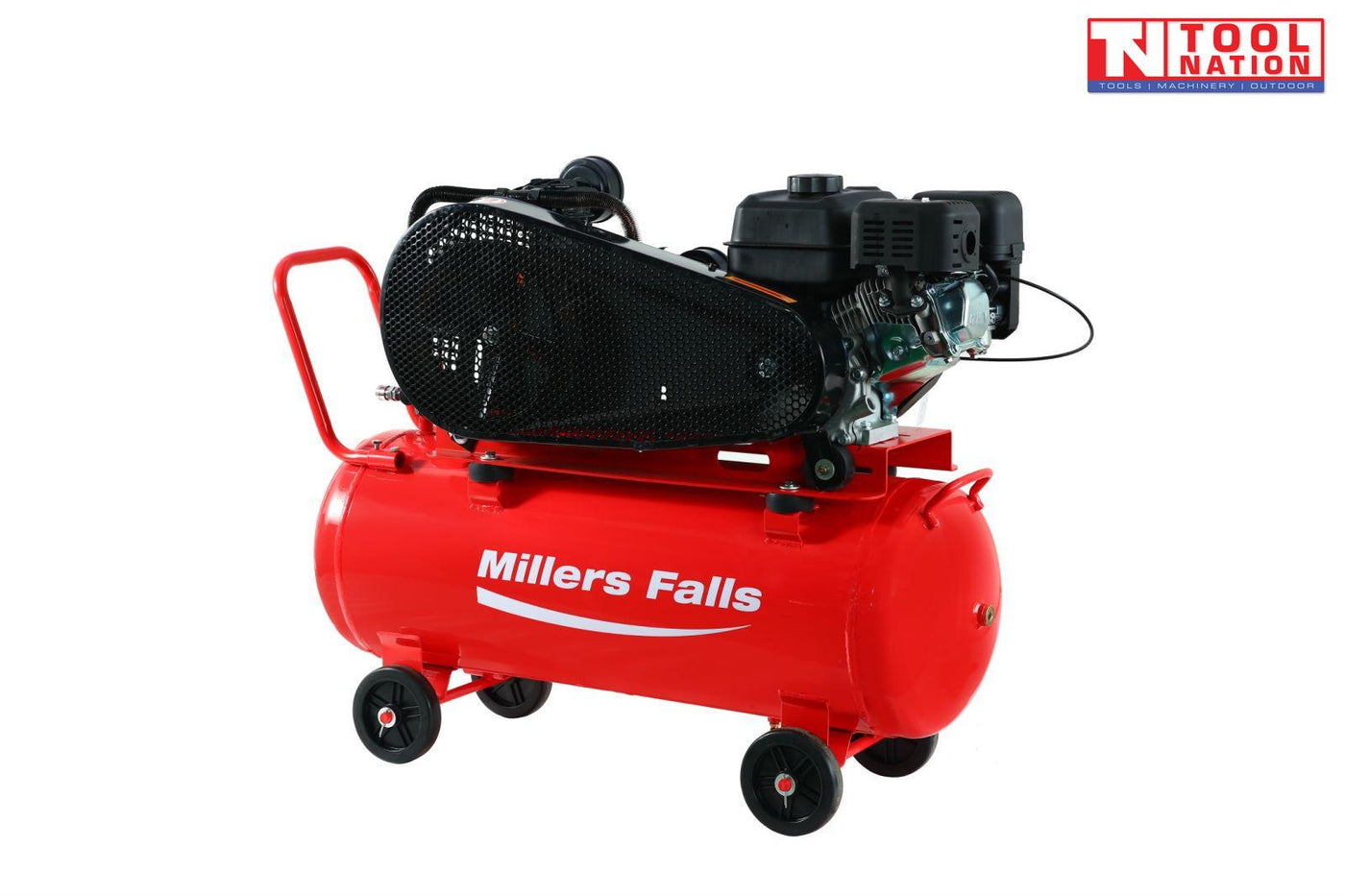 Belt drive petrol air compressor with 100L tank rear angled view