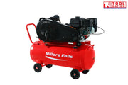 Belt drive petrol air compressor with 100L tank rear angled view