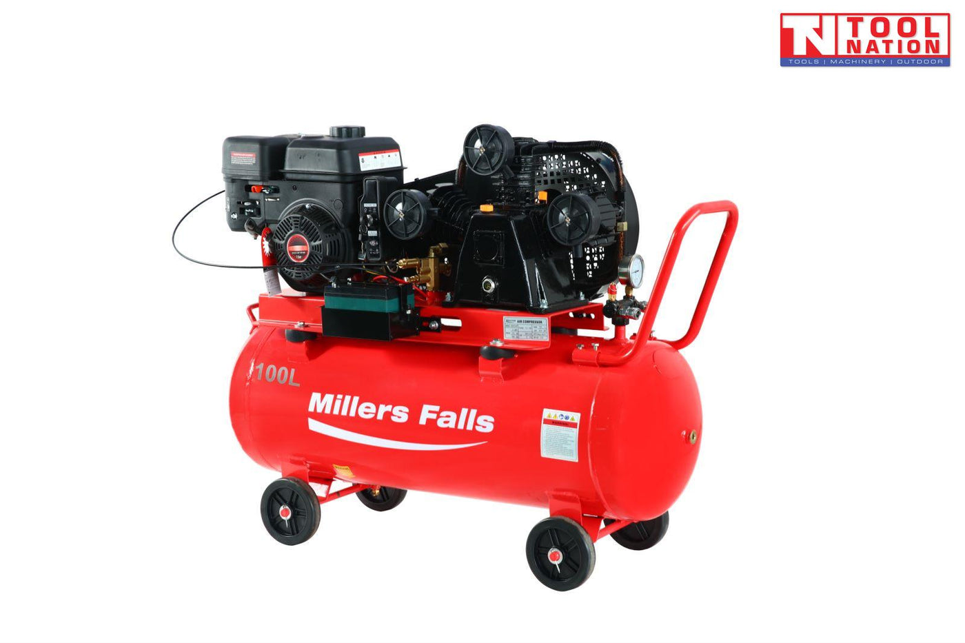Belt drive petrol air compressor with 100L tank front angled view