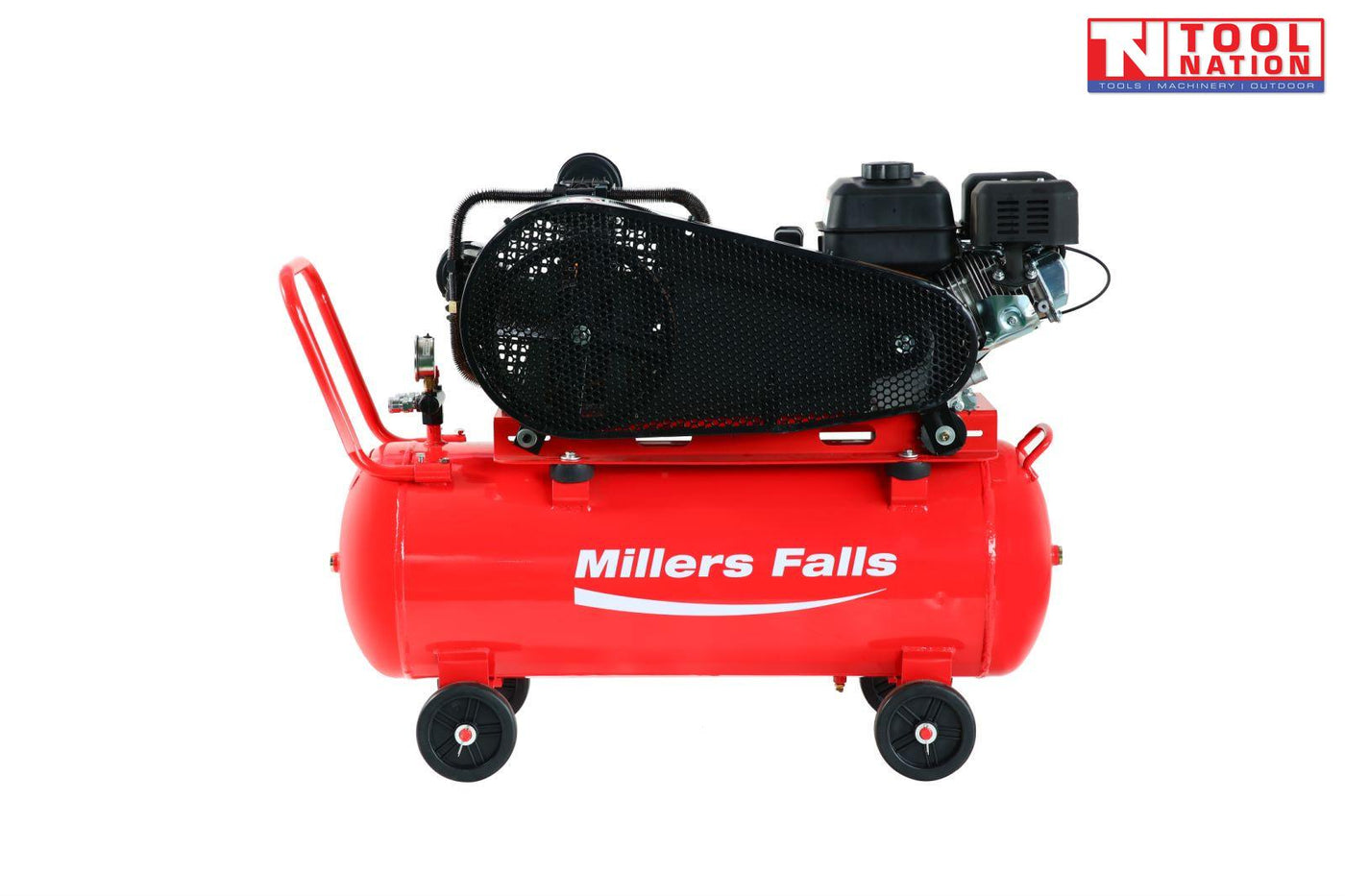 Belt drive petrol air compressor with 100L tank side view