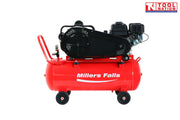 Belt drive petrol air compressor with 100L tank side view