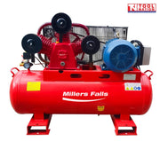 Front view of the ACB75150E air compressor showing the red 150 litre tank, three-cylinder pump, blue motor and rear belt guard.
