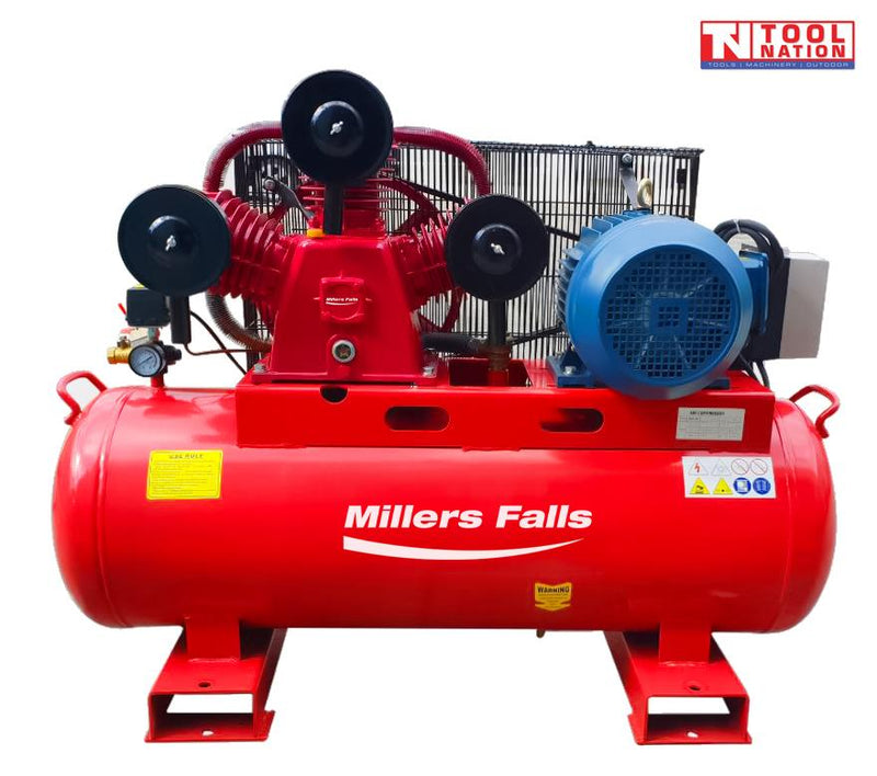 Front view of the ACB75150E air compressor showing the red 150 litre tank, three-cylinder pump, blue motor and rear belt guard.