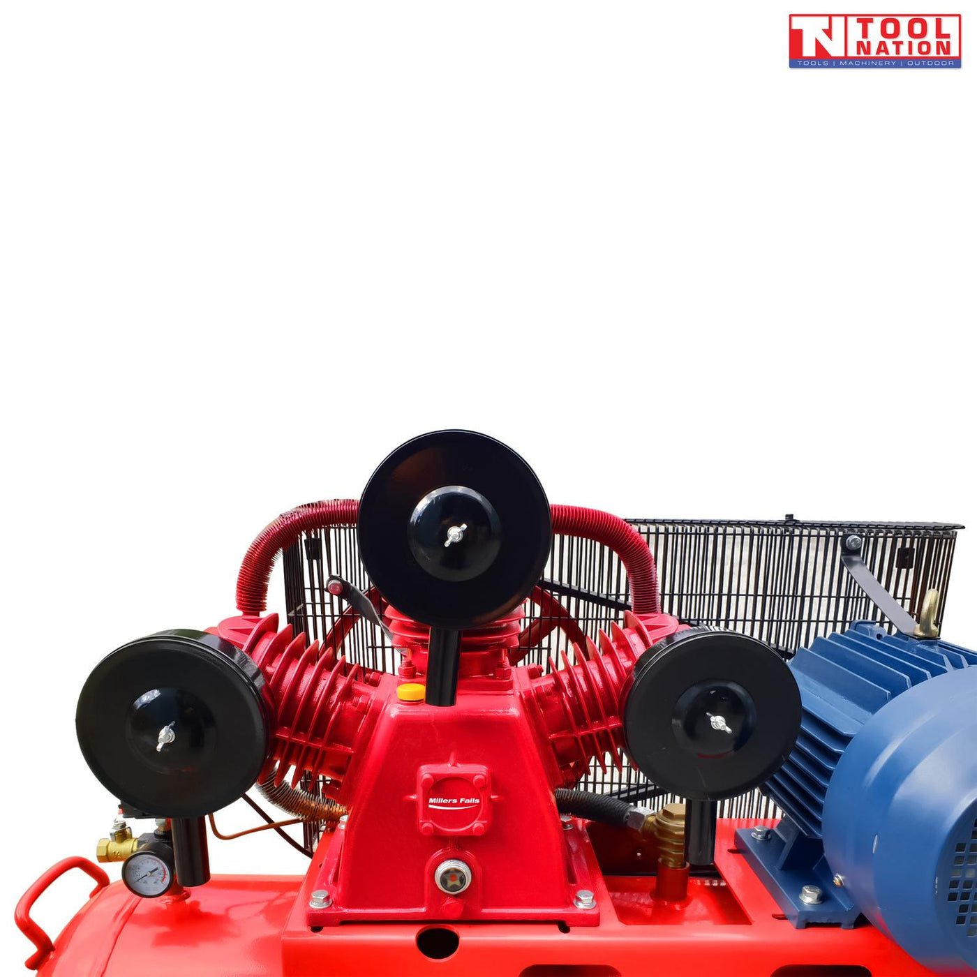 Close-up of the ACB75150E compressor pump and motor showing the three-cylinder pump, blue motor and rear belt guard.