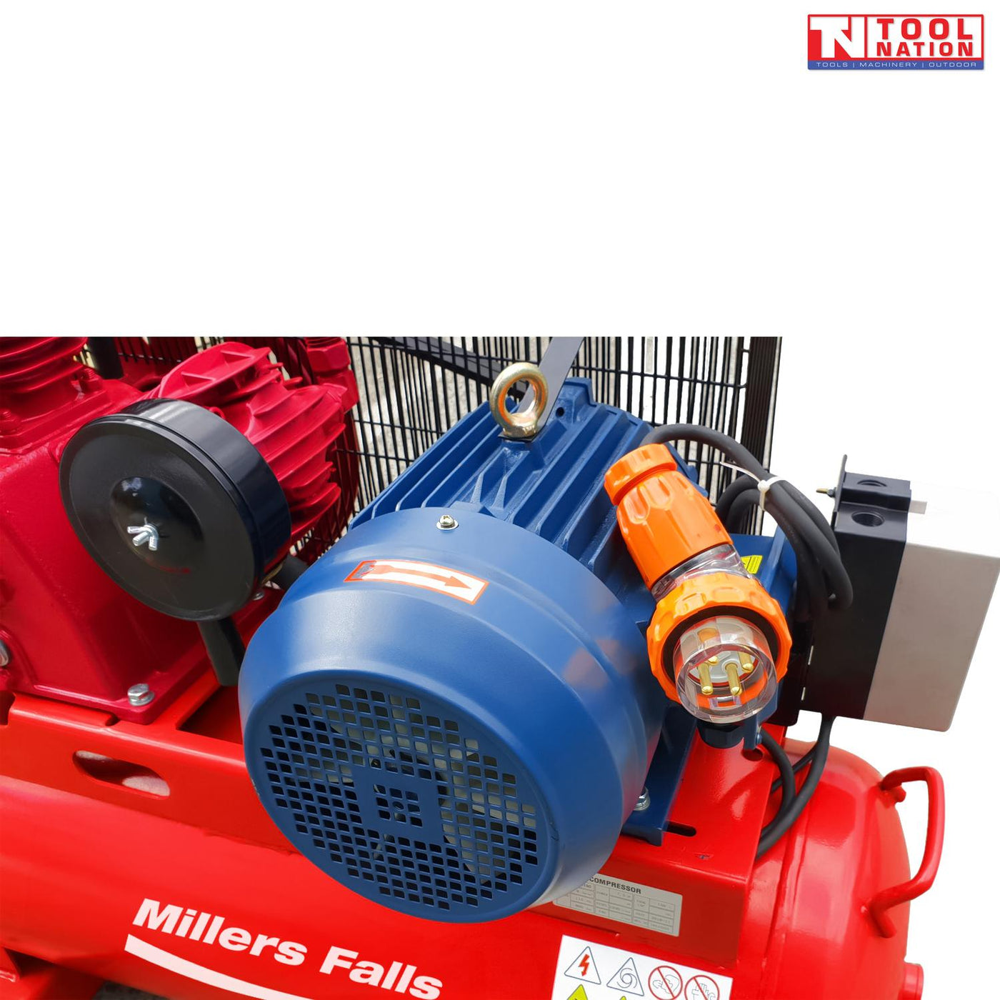 Close-up of the ACB75150E blue motor with orange industrial plug mounted on the red tank.