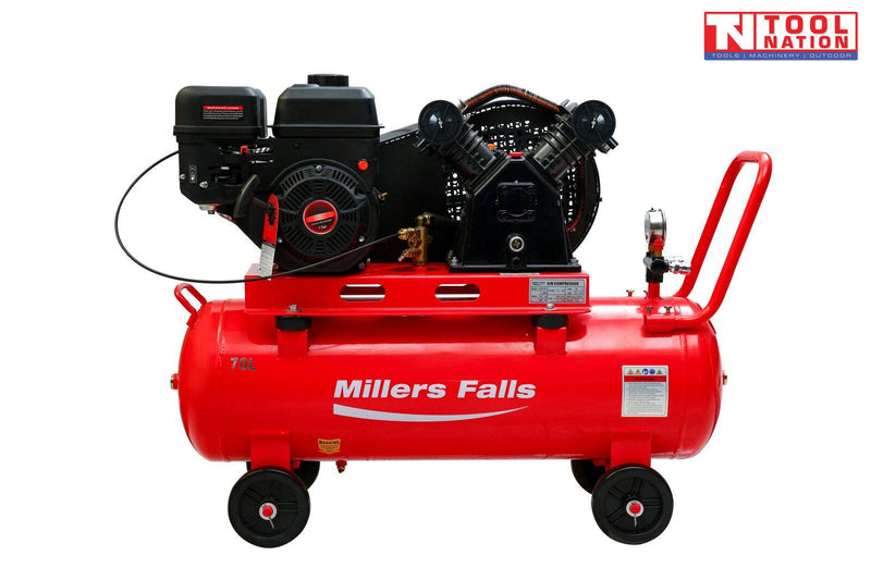 Belt drive petrol air compressor with 70L tank front view