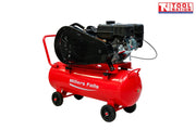 Belt drive petrol air compressor with 70L tank rear angled view