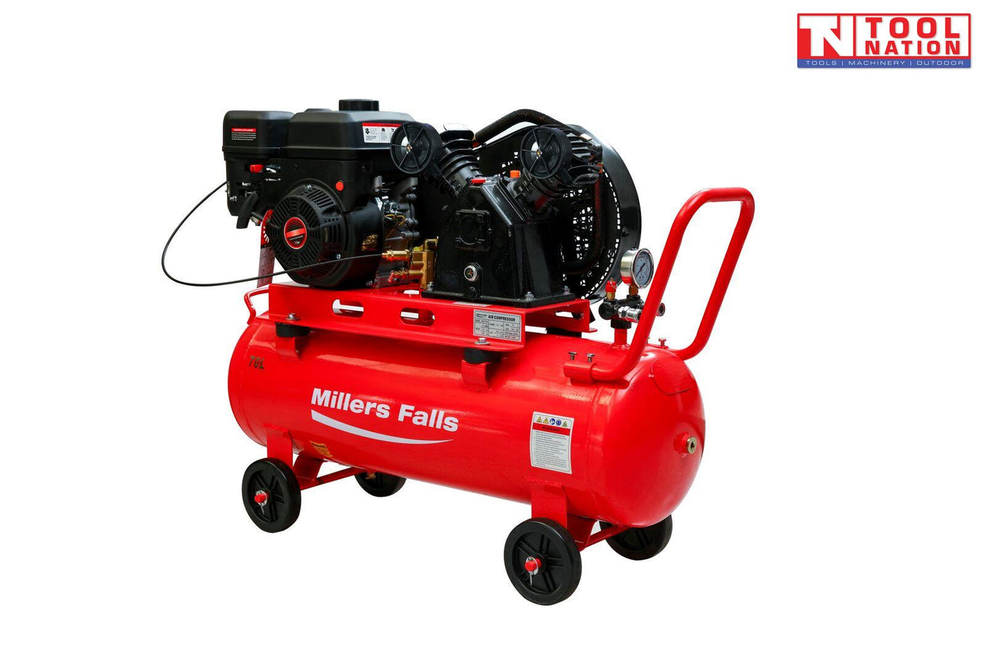 Belt drive petrol air compressor with 70L tank front angled view